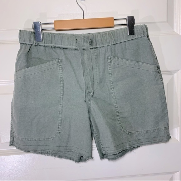 𝅺roots Raw Hem Shorts Cotton Linen Washed Green Sz Small Elastic Waist Pull on - Picture 4 of 11